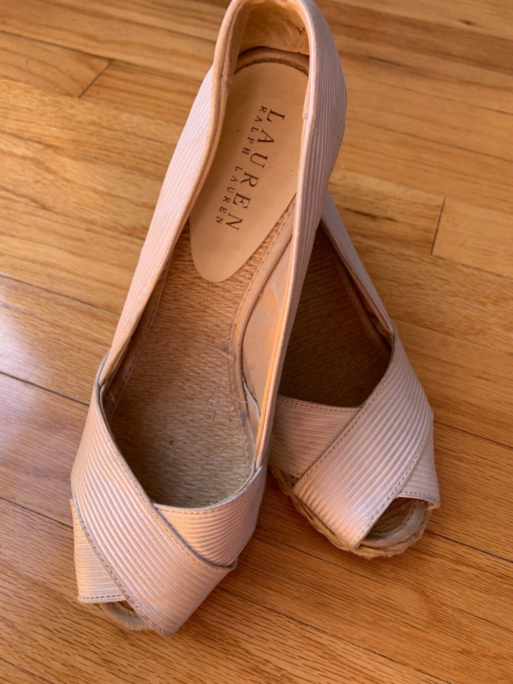 Lauren Ralph Lauren Beige and Cream Stripe Peep Toe Espadrille Wedge-sz 7B